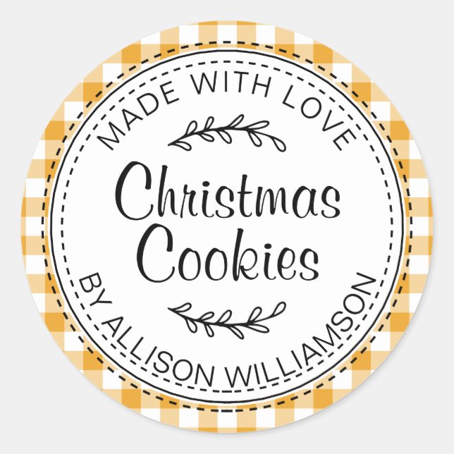 Rustic Homemade Christmas Cookies Yellow Check Classic Round Sticker (Front)