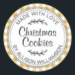 Rustic Homemade Christmas Cookies Yellow Check Classic Round Sticker<br><div class="desc">Rustic, modern and simple homemade baked goods apple pie sticker with the text made with love, Christmas cookies and your name in elegant handwritten script calligraphy and typography on a yellow check pattern background with a stylish touch of foliage. Simply add your name and the product name to the label....</div>
