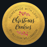 Rustic Homemade Christmas Cranberry Cookies Gold Classic Round Sticker<br><div class="desc">Rustic and modern homemade baked goods sticker with the text homemade with love, christmas cookies and your name in black handwritten script calligraphy and modern typography on a classic gold background with a stylish touch of cranberries sprigs. Simply add your name and the product name to the label. Exclusively designed...</div>