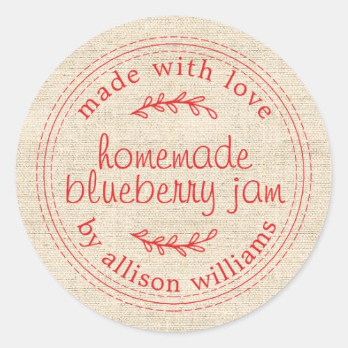 Rustic Homemade Jam Canning Red Script Linen Classic Round Sticker