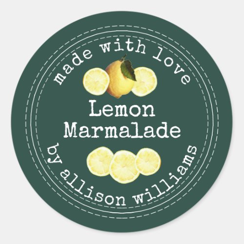 Rustic Homemade Lemon Marmalade Dark Green Classic Round Sticker