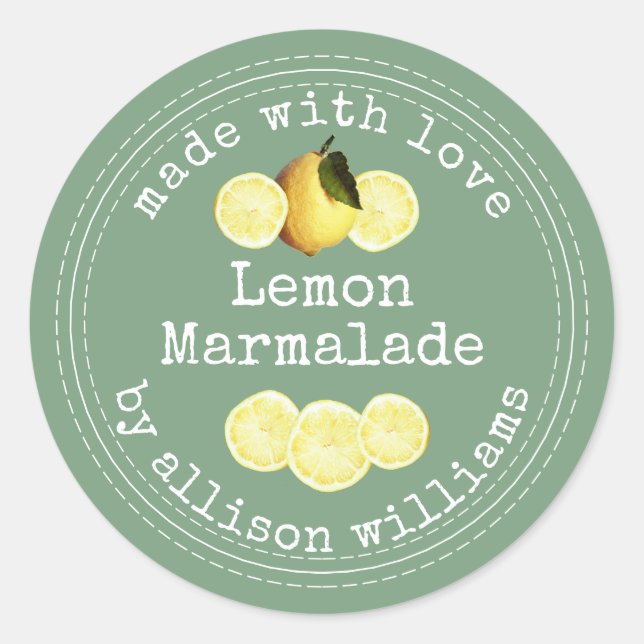 Rustic Homemade Lemon Marmalade Green Classic Round Sticker (Front)