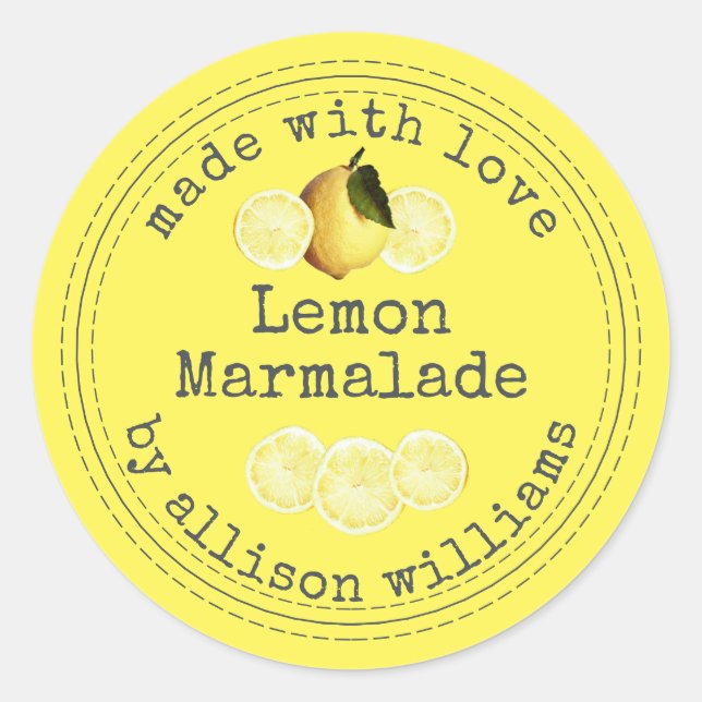 Rustic Homemade Lemon Marmalade Yellow Classic Round Sticker (Front)