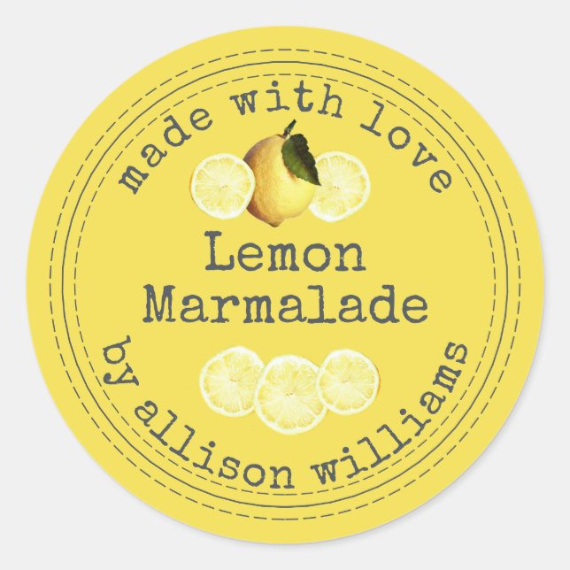 Rustic Homemade Lemon Marmalade Yellow Classic Round Sticker (Front)