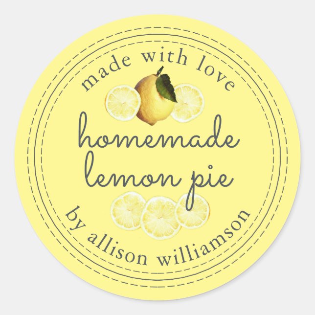 Rustic Homemade Lemon Pie Yellow Classic Round Sticker (Front)