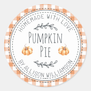 Rustic Homemade Pumpkin Pie Orange Check Classic Round Sticker
