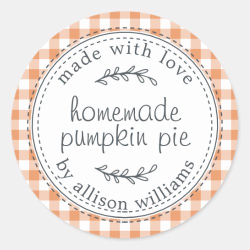 Rustic Homemade Pumpkin Pie Orange Check Classic Round Sticker