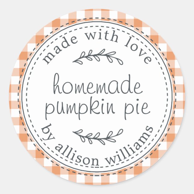 Rustic Homemade Pumpkin Pie Orange Check Classic Round Sticker (Front)