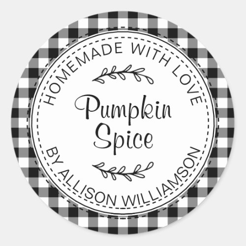 Rustic Homemade Pumpkin Spice Black White Check Classic Round Sticker