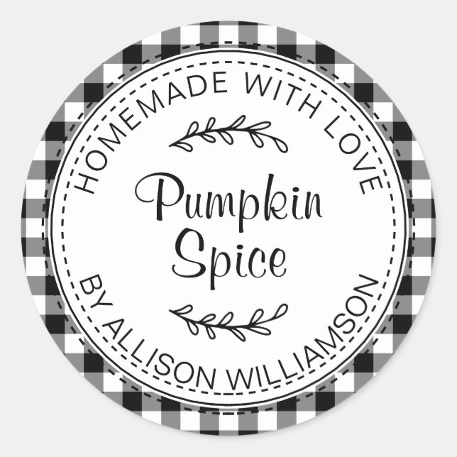 Rustic Homemade Pumpkin Spice Black White Check Classic Round Sticker (Front)