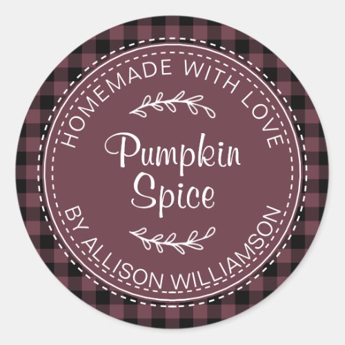 Rustic Homemade Pumpkin Spice Burgundy Check Class Classic Round Sticker