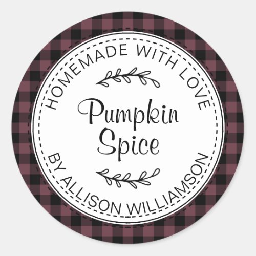 Rustic Homemade Pumpkin Spice Burgundy Check Classic Round Sticker