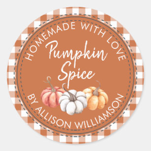 Rustic Homemade Pumpkin Spice Burnt Orange Check Classic Round Sticker