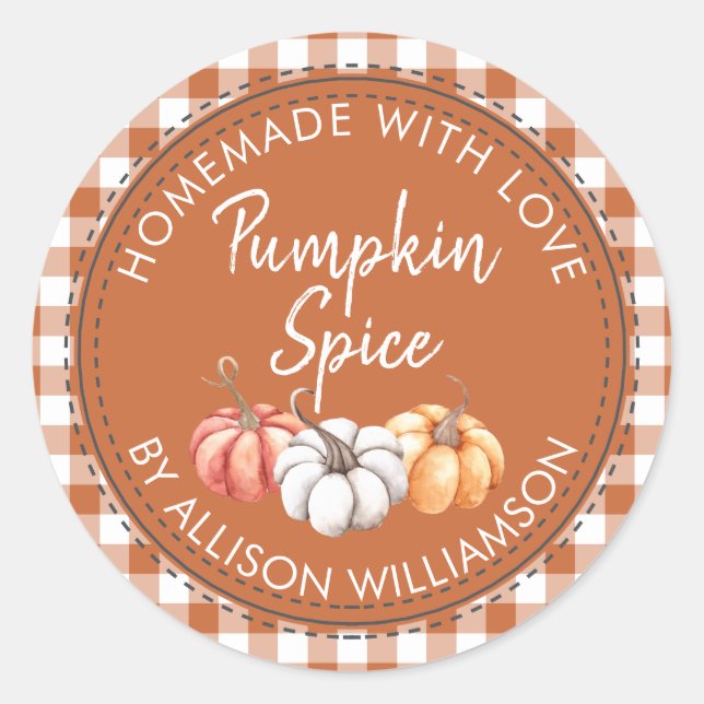 Rustic Homemade Pumpkin Spice Burnt Orange Check Classic Round Sticker (Front)