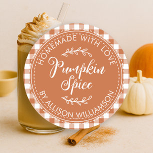 Rustic Homemade Pumpkin Spice Burnt Orange Check Classic Round Sticker