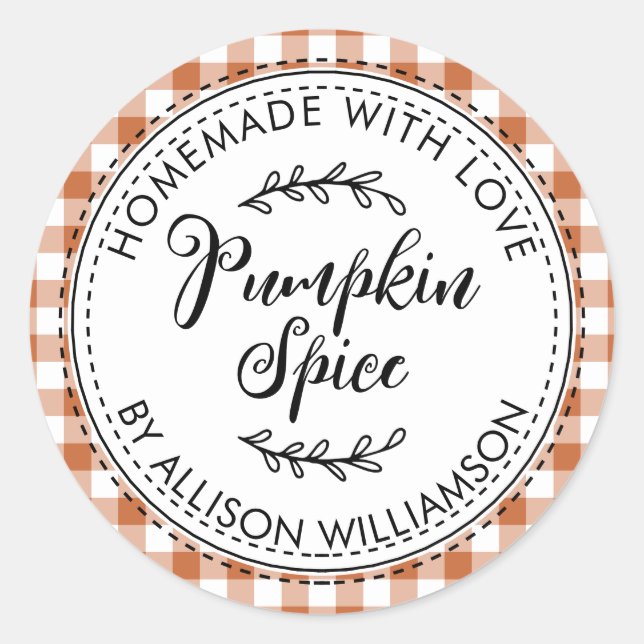 Rustic Homemade Pumpkin Spice Burnt Orange Check Classic Round Sticker (Front)