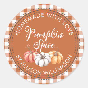 Rustic Homemade Pumpkin Spice Burnt Orange Check Classic Round Sticker
