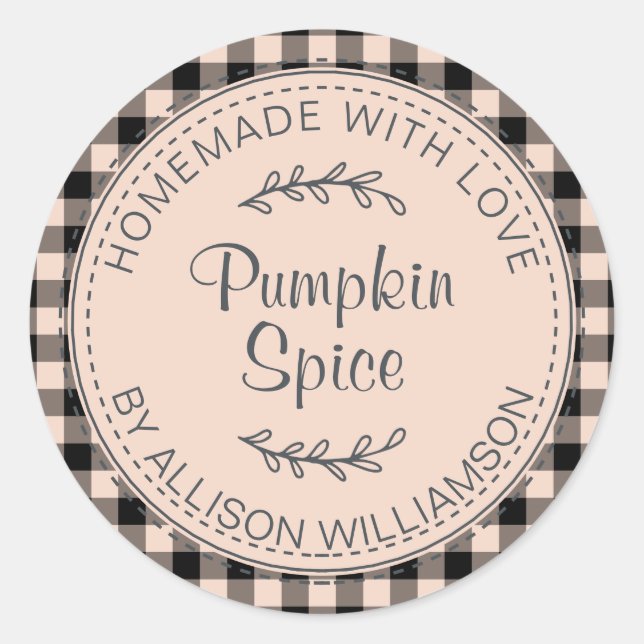 Rustic Homemade Pumpkin Spice Cream Check Classic Round Sticker (Front)