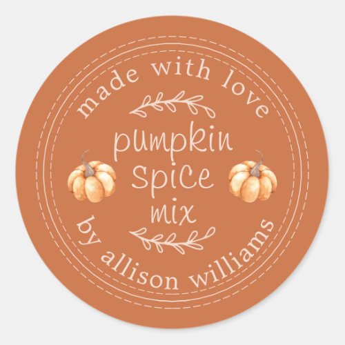 Rustic Homemade Pumpkin Spice Mix Burnt Orange Classic Round Sticker