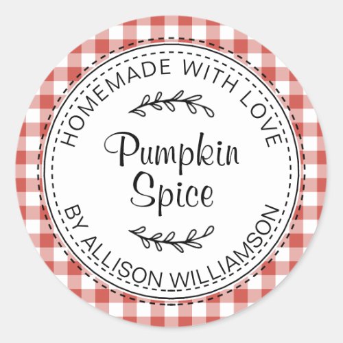 Rustic Homemade Pumpkin Spice Red Check Classic Round Sticker