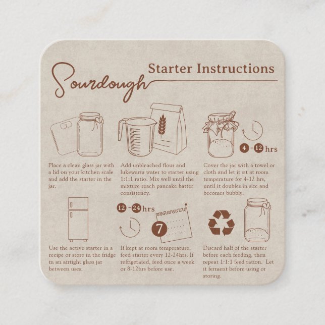 Rustic Homemade Sourdough Starter Instructions Square Business Card (Front)