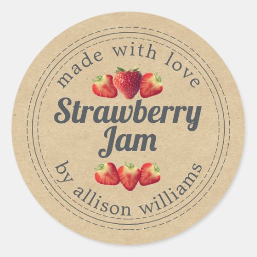 Rustic Homemade Strawberry Jam Kraft Classic Round Sticker