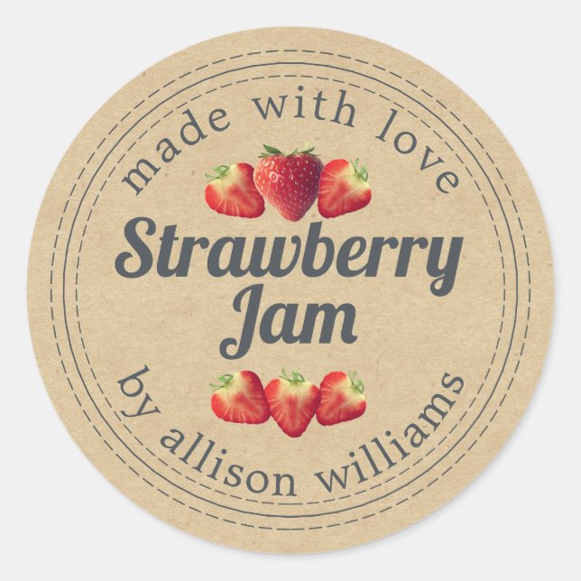 Rustic Homemade Strawberry Jam Kraft Classic Round Sticker (Front)