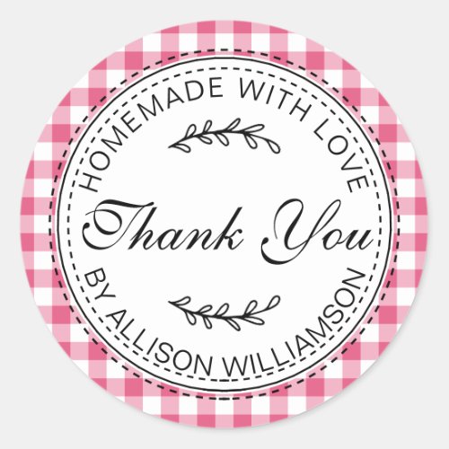 Rustic Homemade Thank You Hot Pink Check Pattern C Classic Round Sticker