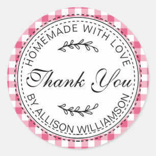 Rustic Homemade Thank You Hot Pink Check Pattern C Classic Round Sticker