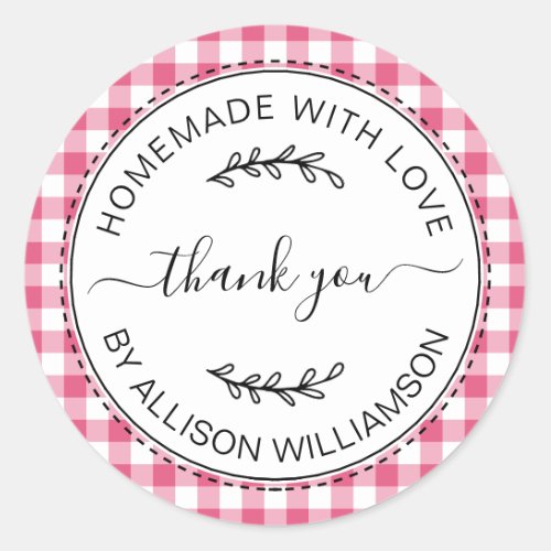 Rustic Homemade Thank You Hot Pink Check Pattern Classic Round Sticker