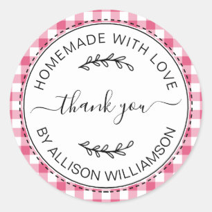 Rustic Homemade Thank You Hot Pink Check Pattern Classic Round Sticker