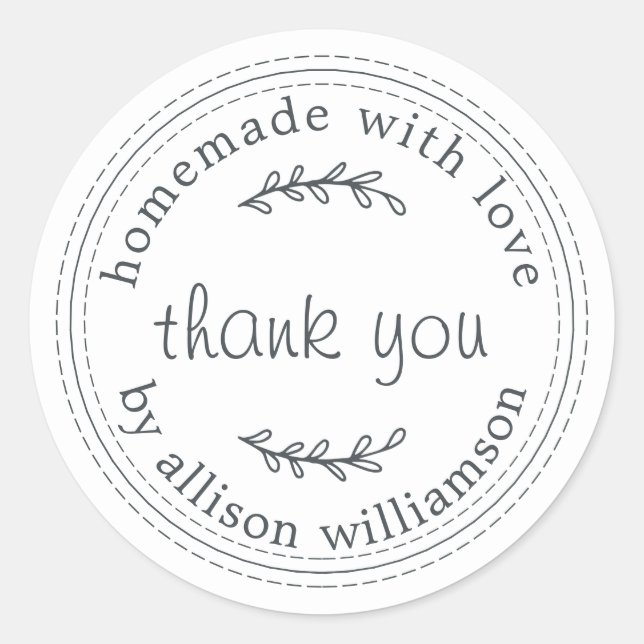 Rustic Homemade With Love Black White Thank You Classic Round Sticker (Front)
