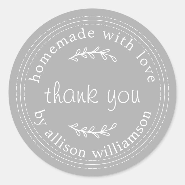 Rustic Homemade With Love Gray Thank You Classic Round Sticker (Front)