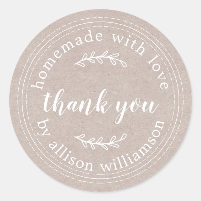 Rustic Homemade With Love Kraft Paper Thank You Cl Classic Round Sticker (Front)