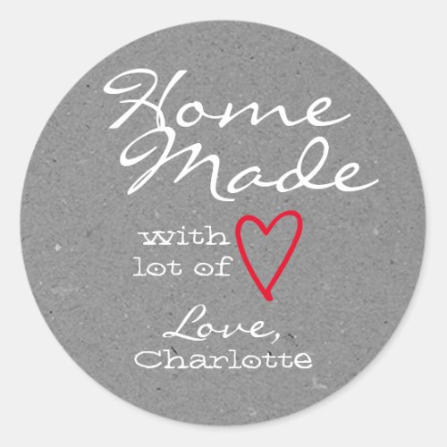 Rustic Homemade with Love Red Heart Gray Paper Classic Round Sticker