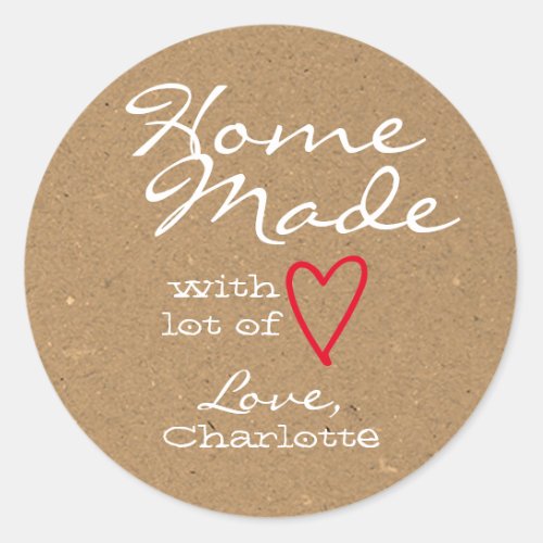 Rustic Homemade with Love Red Heart Kraft Paper  Classic Round Sticker