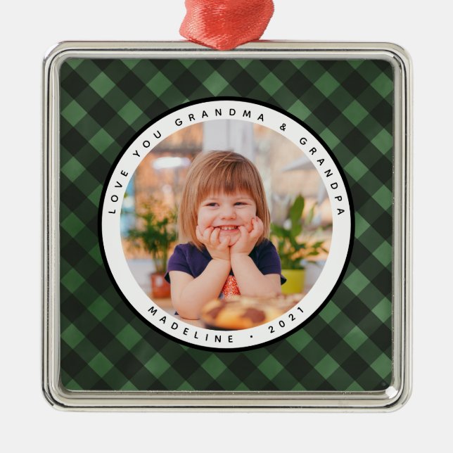 Rustic Homespun Country Photo Grandparents  Metal Ornament (Front)