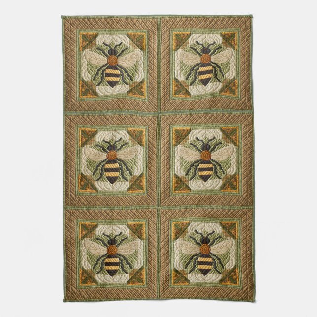 Rustic Honeybee Faux Quilt Two Kitchen Towel (Vertical)