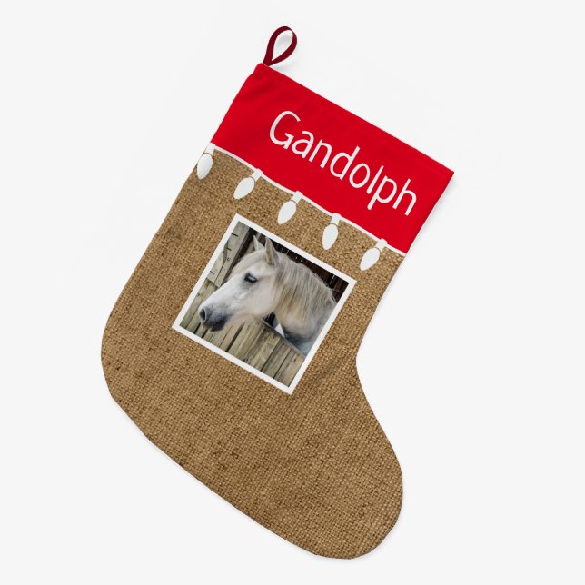 Rustic Horse Christmas Stocking 1 Photo Burlap (Front (Hanging))