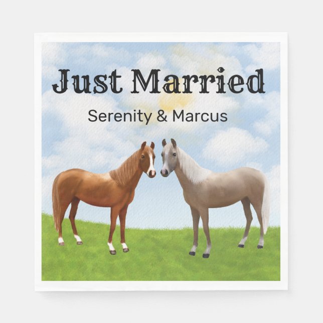 Rustic Horse Country Just Married Western Wedding Napkins (Front)