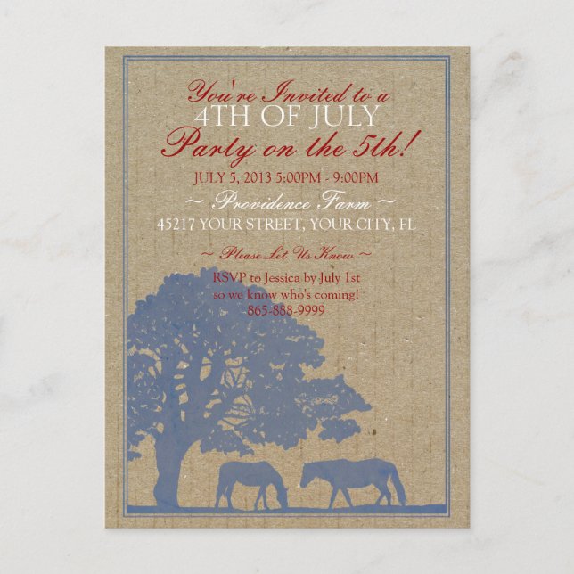 Rustic Horse Farm 4th of July Party Invitation Postcard (Front)
