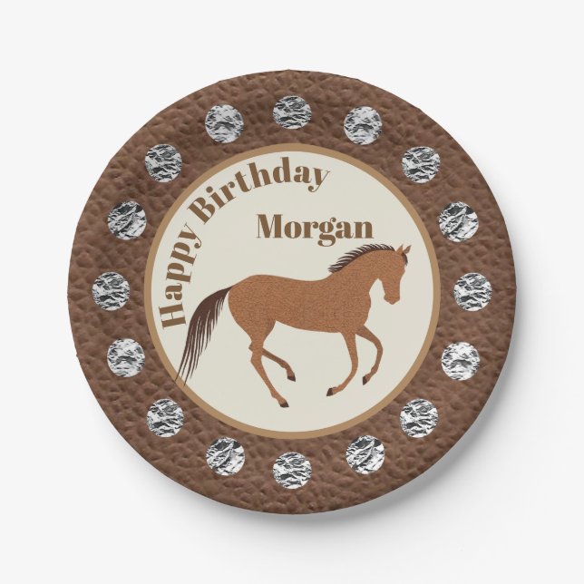 Rustic Horse Faux Leather Silver Concho Birthday Paper Plates (Front)