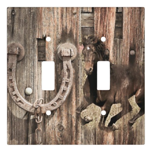 Rustic Horse Horseshoe on Barn Wood Light Switch Cover