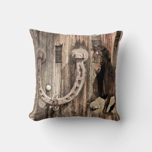 Rustic Horse Horseshoe on Barn Wood Throw Pillow