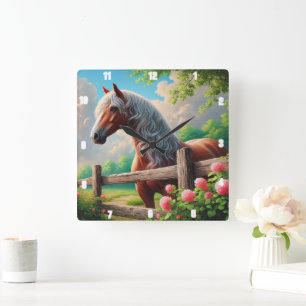Rustic Horse Meadow Vibrant Countryside Square Wall Clock