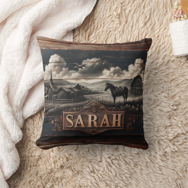 Rustic Horse Portrait Near Farmhouse at Dusk Throw Pillow (Blanket)