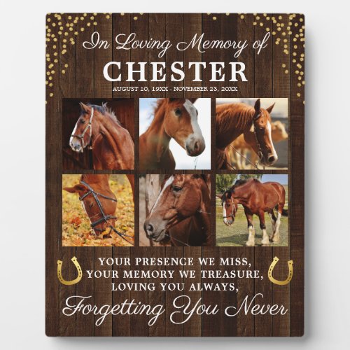 Rustic Horse Remembrance Photo Collage Plaque - Personalized horse photo plaque featuring 6 precious pictures of your beloved pet animal, a rustic wood background, gold horseshoes & glitter, the text "in loving memory of", your horses name, birth/death dates, and the sympathy quote "your presence we miss, your memory we treasure, loving you always, forgetting you never".