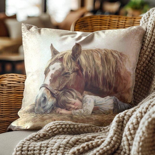 Rustic Horse Sleeping Child Country Farm  Throw Pillow (Sleeping horse and child pillow)