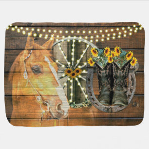 Rustic Horse Sunflowers Wagon Wheel Cowboy Boots Baby Blanket