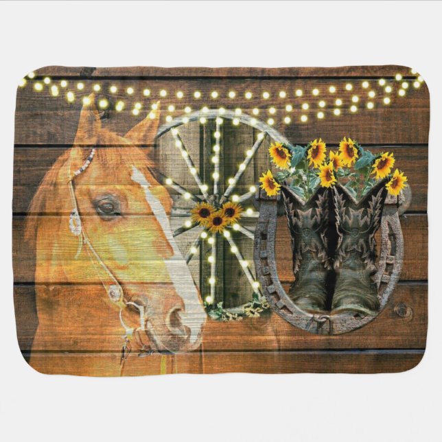 Rustic Horse Sunflowers Wagon Wheel Cowboy Boots Baby Blanket (Horizontal)
